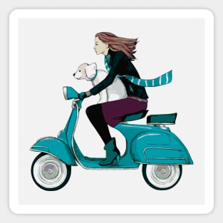 Fun Girl and Dog on Blue Scooter Magnet